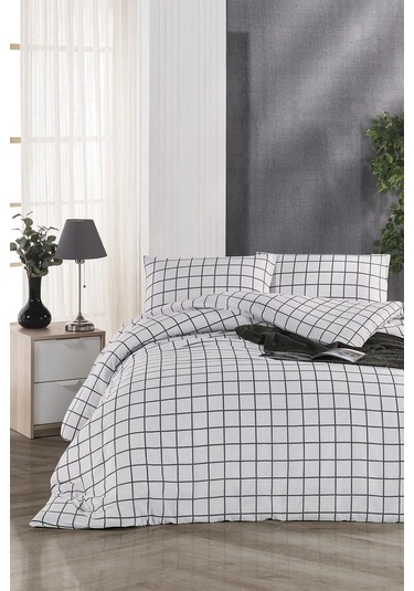 Karo Siyah Pamuklu Nevresim Takımı 120x200 Yataklar İçin Beyaz