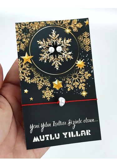 Yeni Yıl Yılbaşı Hediyesi İnci Küpe Ve Kırmızı İpli İnci Bileklik 10 Adet