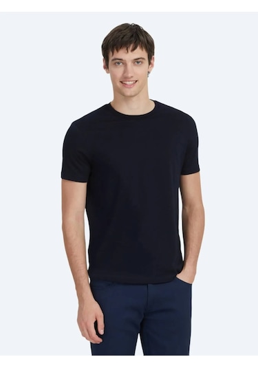 Kip Lacivert Düz Bisiklet Yaka %100 Pamuk T-shirt Lacivert