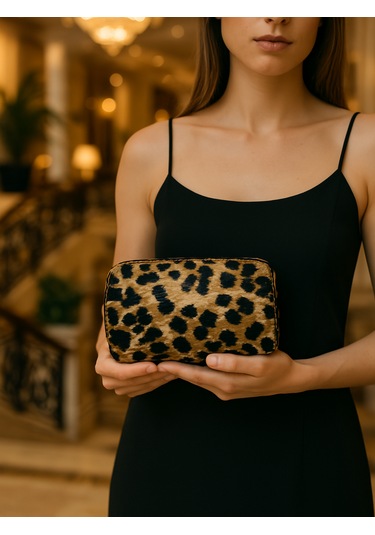 Leoper Sarı Desenli Kadın Makyaj Çantası Cüzdan El Çantası