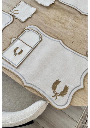 Edalım Keten Nakışlı Amerikan Servis Takımı 19 Parça Krem