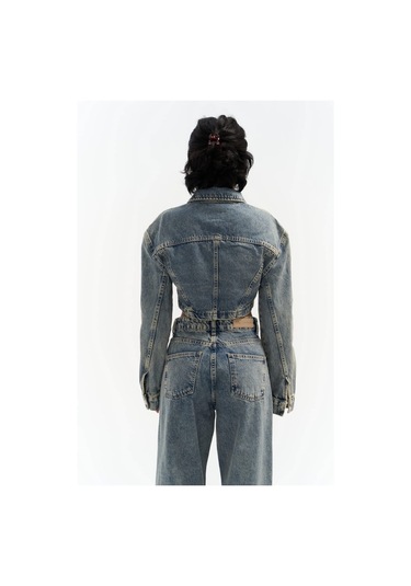 Mai Collection Mai Studios Co. Cali Çapraz Detay Kirli Yeşil Crop Jean Ceket Mavi