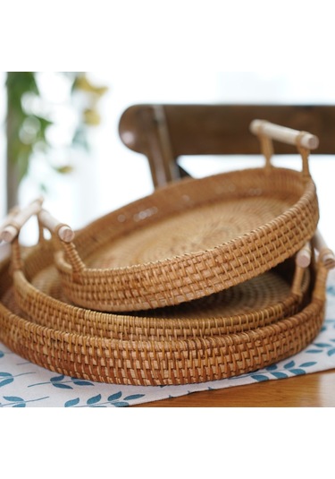 Geeksen El Dizaynlı El Yapımı Vietnam Rattan Geleneksel Tabak - Piknik, Meyve, Ekmek Taşıma Sepeti, Orta Boy İki Kollü Dayanıklı Kömür