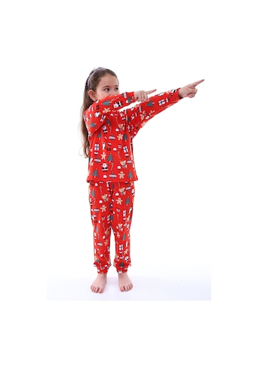 Zuzunga Yılbaşı Temalı Baston Şeker Desenli %100 Pamuk Unisex Pijama Takımı Kırmızı