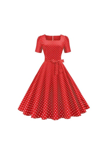 Vintage Puantiyeli Elbise Klasik Film Tarzı Tasarım Kare Zarif Zamansız Retro Yaka Kadın Elbise Kırmızı