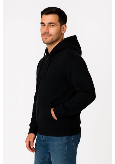 Erkek Üç İplik Kapüşonlu Tam Fermuarlı Kanguru Çepli Sweatshirt Hoodie - Siyah Siyah