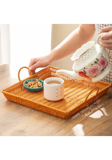 Porsima 709d Kare 3'lü Hasır Tepsi Dekoratif Sunum Servis Tepsisi