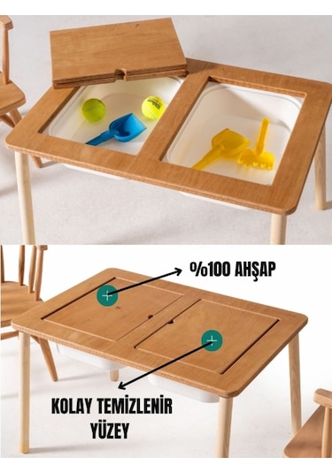 Montessori Çift Hazneli 2 Sandalyeli Aktivite Masası Hugo Ahşap