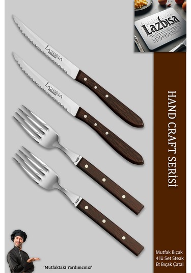 Lazbisa Mtf-063 Hand Caft Serisi Steak Et Yemek Kahvaltı Çatalı 4 Lü Set Mutfak Bıçak Seti Ahşap