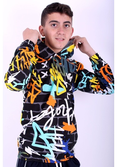 Grafiti Desenli Kapüşonlu Unisex 2 Iplik Turkuaz Sweatshirt Turkuaz