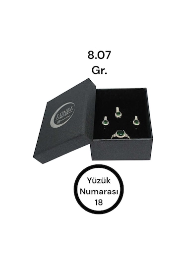 Kadın 925 Ayar Gümüş Takı Seti Zümrüt Taşlı Kolye Ucu, Yüzük Ve Küpe Gümüş