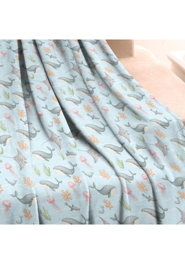 Balina Desenli 40x30 İnç Bebek Polar Battaniyesi, Yumuşak, Kalın, Dört Mevsim-a15 Whale Stingray Jellyfish