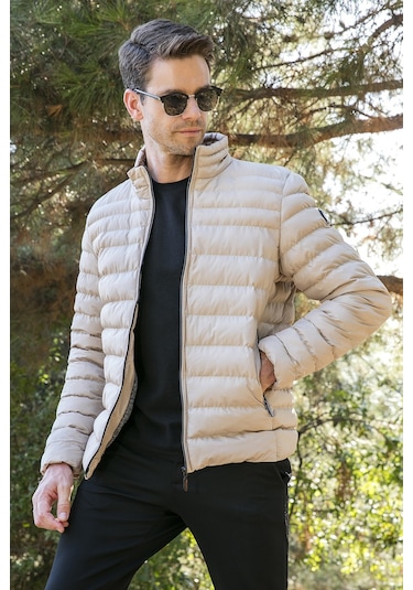 Buratti Dik Yaka Fermuarlı Cepli Slim Fit Şişme Erkek Mont 649002 Vizon