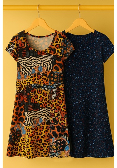 2 Adet Dökümlü Rahat Kalıp Günlük Penye Kumaş Elbise Kahverengi - Lacivert