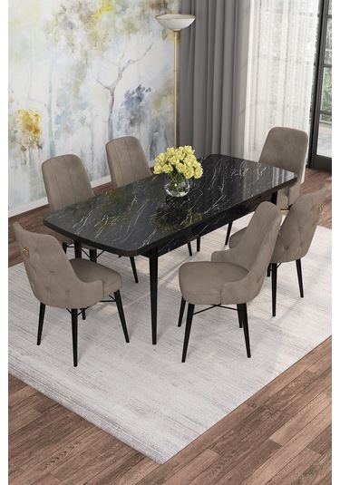Mona Siyah Mermer Desen 80x132 Açılabilir Mdf Masa Yemek Odası Takımı, Mutfak Takımı 6 Adet Sandalye Siyah Mermer - 6 Cappuccino - Siyah Ayak