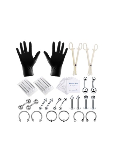 Dolıty 42 Parça Profesyonel Piercing Seti Gümüş-1.2x10+3 Çok Renkli