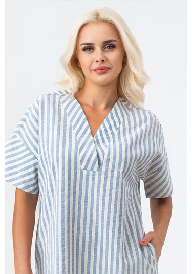 Bold & Young Kadın Cepli V Yakalı Kısa Kollu Pamuklu Elbise Ekru