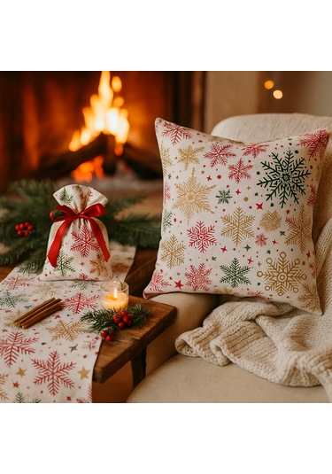 Yılbaşı Temalı Masa Runner + Kırlent Kılıfı + Hediye Kesesi Kombin Set Kar Tanesi Desenli Beyaz - Bej