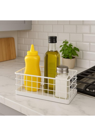 Okyanus Home Dikdörtgen Beyaz Metal Organizer Sepet Mini 13,5x23 Cm Beyaz