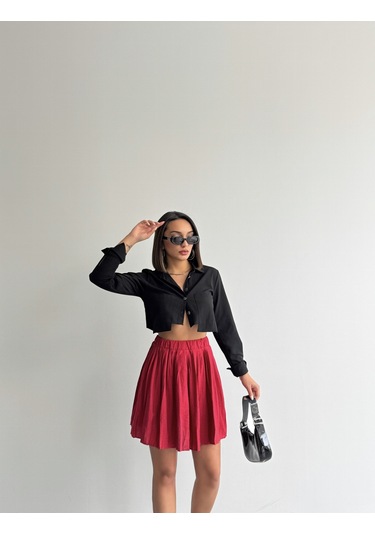 Kadın Modal Dokulu Piliseli Şortlu Mini Etek Kırmızı