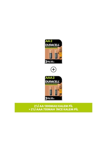 Şarj Edilebilir Aa 1300 Mah, 2'li + Duracell Şarj Edilebilir Aaa 750 Mah Pil, 2'li Paket