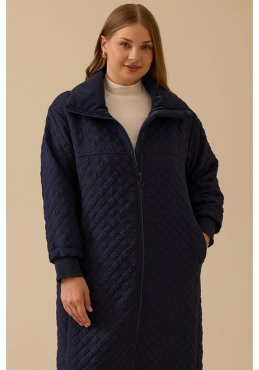 Galaxi Kadın Büyük Beden Kapitone Fermuarlı Pardesü 4002 Lacivert Lacivert