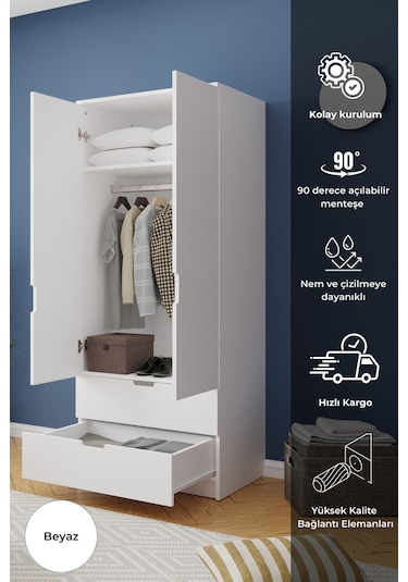 Lento 2 Kapaklı 1 Askılı 2 Çekmeceli Gardırop Beyaz Beyaz