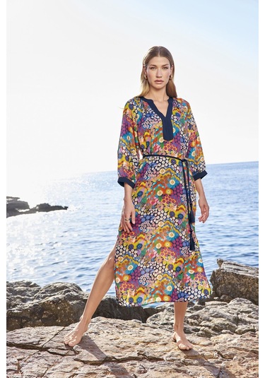 Monamise Kadın Çiçek Desenli Yırtmaçlı Truvakar Kollu V Yaka Elbise 25055 Lacivert