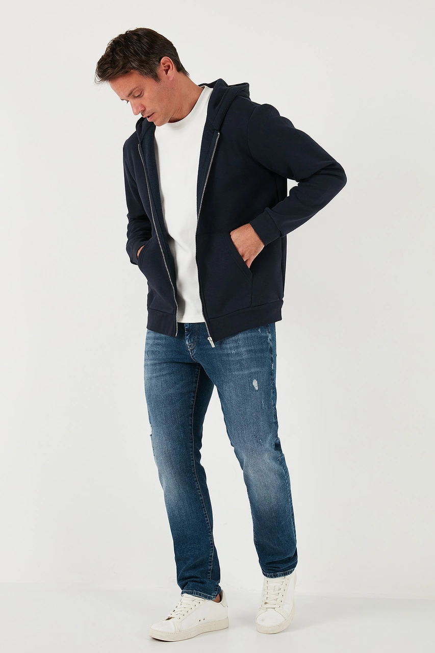 Buratti Regular Fit Kapüşonlu Fermuarlı Içi Tüylü Yumuşak Şardonlu Kışlık Erkek Sweat 5905340 Koyu Lacivert