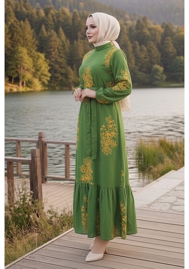 Bestenur Noyra Desenli Viskon Elbise 1722 - Haki