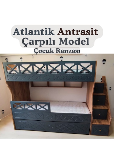 Mdf Atlantik Antrasit Çarpılı Model Çocuk Ranzası