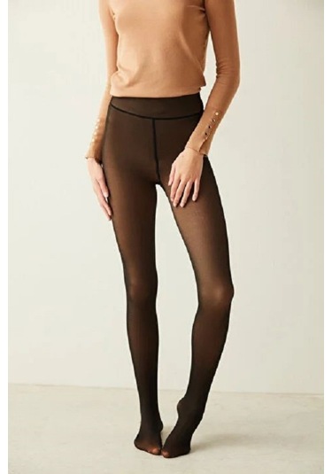 Ince Çorap Görünümlü Termal Içi Peluş Külotlu Çorap Siyah