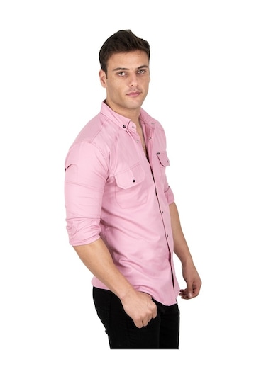 Deepsea Erkek Pembe Fitilli Çıtçıtlı Kot Gömlek 300421 Pembe