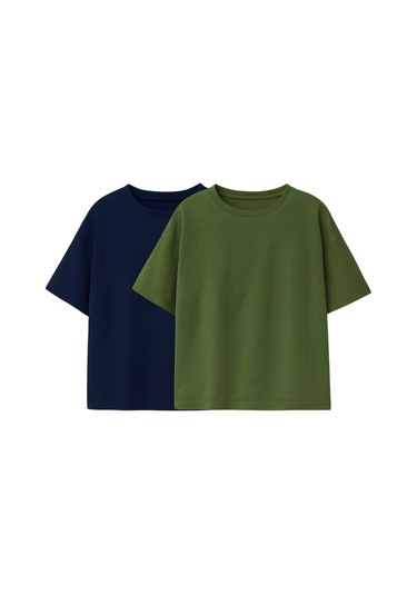 Zuzunga Basic 2'li Unisex Bisiklet Yaka T-shirt Lacivert - Haki Lacivert