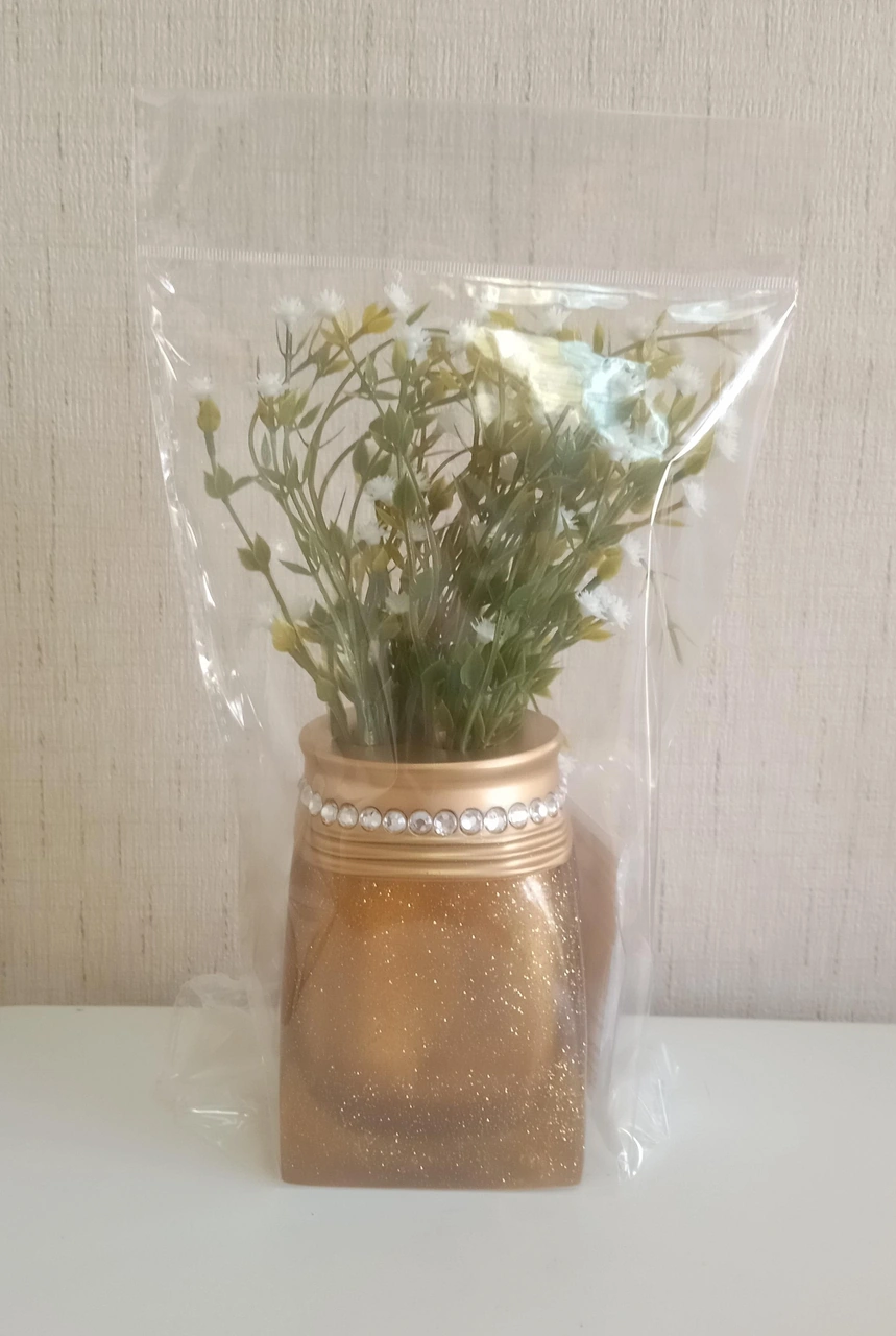 2 Adet Vazo Dahil,vazoda Çiçek,beyaz Yapay Çiçek,vazo Dekoratif Taşlı Altın Poliresin 7x7x15cm Çok Renkli