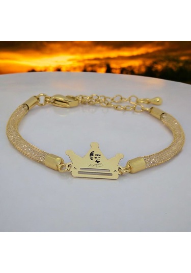 Archin Atatürk Temalı Hasır Kordonlu Taç Figürlü 14 Ayar Altın Plakalı Hediye Bileklik-464sembol Atatürk