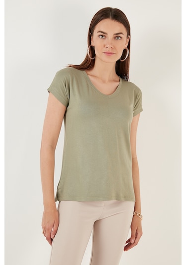 Lela V Yaka Relaxed Fit Yırtmaç Detaylı 2'Li Paket Bayan Bluz 5862000S2 Siyah-Olive