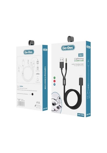 Go Des GAC-306 2 in 1 Aux Kablo Lightning to 3.5 mm & USB Ses Kablousu - ZORE-220419