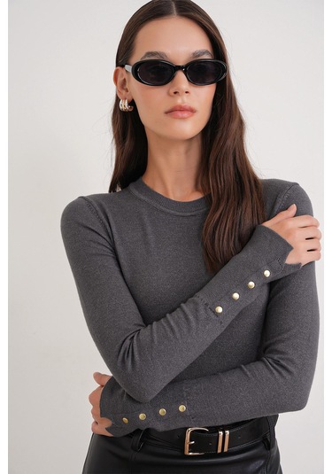 6736 Kadın Bisiklet Yaka Kolu Droplu Triko Kazak Antrasit Antrasit