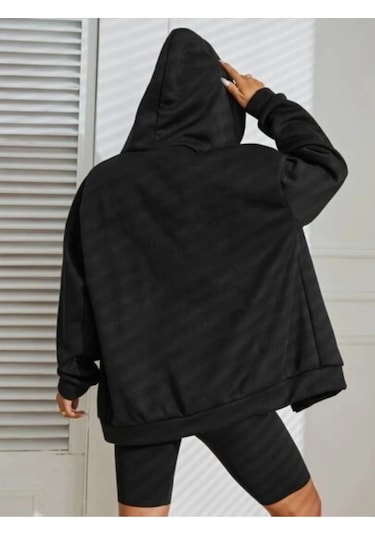 Relax&Basic Siyah 2 İp Örme Kumaş Kapüşonlu Fermuarlı Sweatshirt Siyah