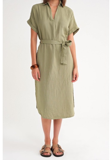 4720 Kadın Pile Detaylı Bağlamalı V Yaka Müslin Elbise Haki Haki