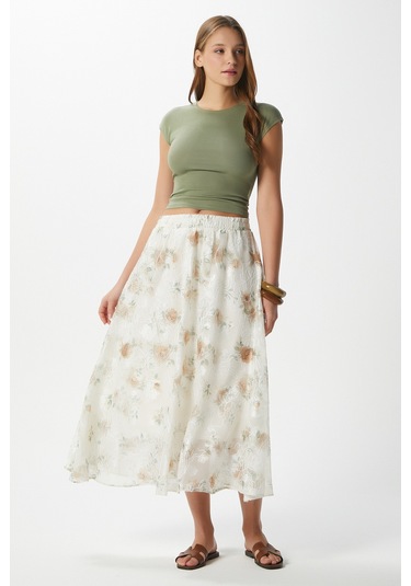 Kadın Rosary Astarlı Bel Lastikli Çiçek Desenli Etek Krem