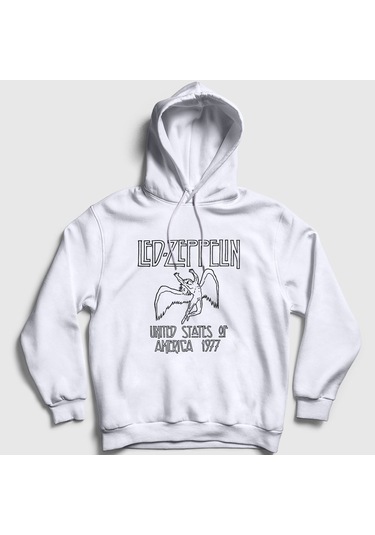 Presmono Unisex Logo Led Zeppelin Kapüşonlu Sweatshirt Beyaz