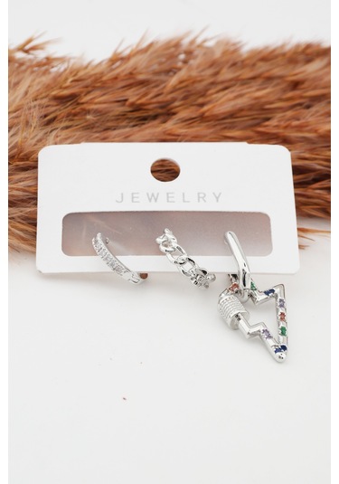 Kadın Altın Kaplama Kararmaz Şimşek Figürlü 3'Lü Zirkon Set Küpe Gümüş-M