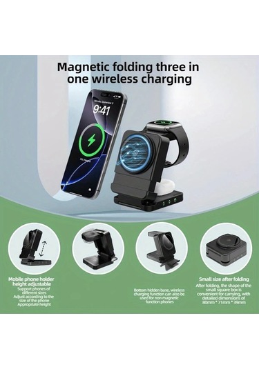 Topshop1 Katlanabilir Kablosuz Sarj Cihazi 3u 1 Arada Cok Fonksiyonlu Hizli Siyah Telefon Sarj Aleti