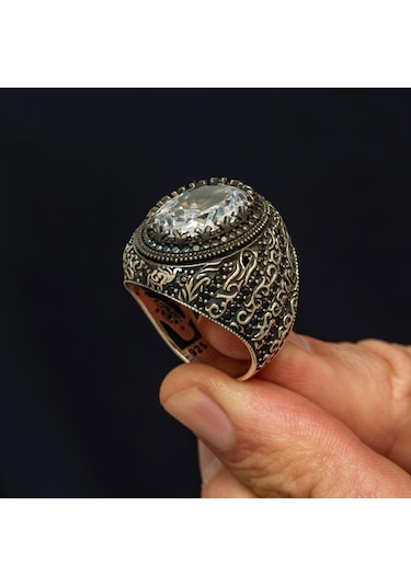 Oval Beyaz Zirkon Taşlı 925 Gümüş Erkek Yüzük Beyaz