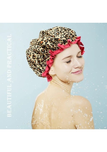 Elmpaly 4 Adet Çift Katlı Duş Bone - Zebra Leopar Nokta Çiçek Desenli Saç Koruyucu Diğer