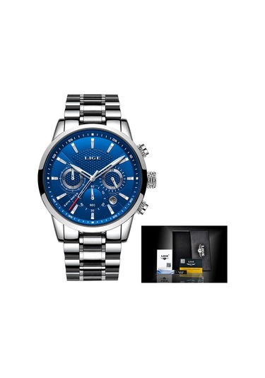 Dış Ticaret Lıge Erkek Spor Kuvars Saat Su Geçirmez Çelik Kemer Çift Gözlü Çok Fonksiyonlu Saat İş Saati Çelik Şerit Gümüş Mavi Diğer