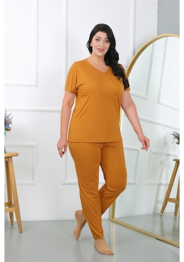 Akbeniz Kadın Büyük Beden Kısa Kol Penye Pijama Takımı Hardal 202405-hardal Hardal
