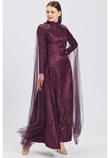 Mürdüm Omuzda Etek Ucuna Uzanan Tül Üzeri Taş Kombinli Dantelli A Mürdüm